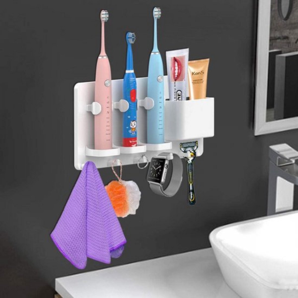Toothbrush holder - Electric toothbrush holder - High quality - Adjustable - Wall mounted - Drying - Razor blade holder - Bathroom organizer - Universal - Self-adhesive - No brush heads - Wit - Image 3