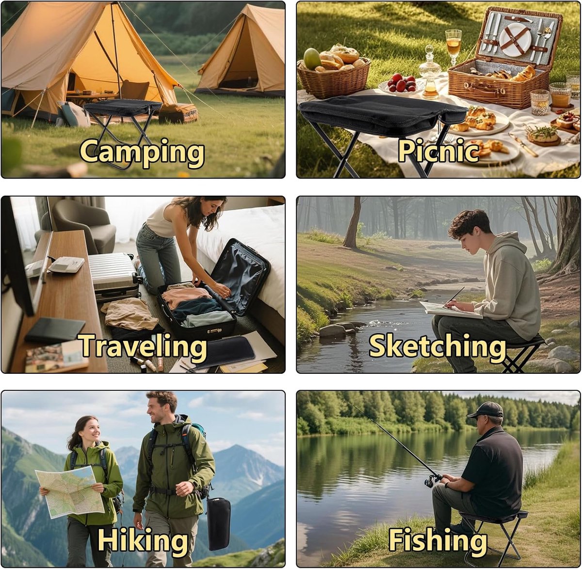Portable folding camping stool with carrying bag, portable folding chair, folding camping stool, outdoor footrest for travel, walking, hiking, fishing, picnics and barbecues (black) - Image 5