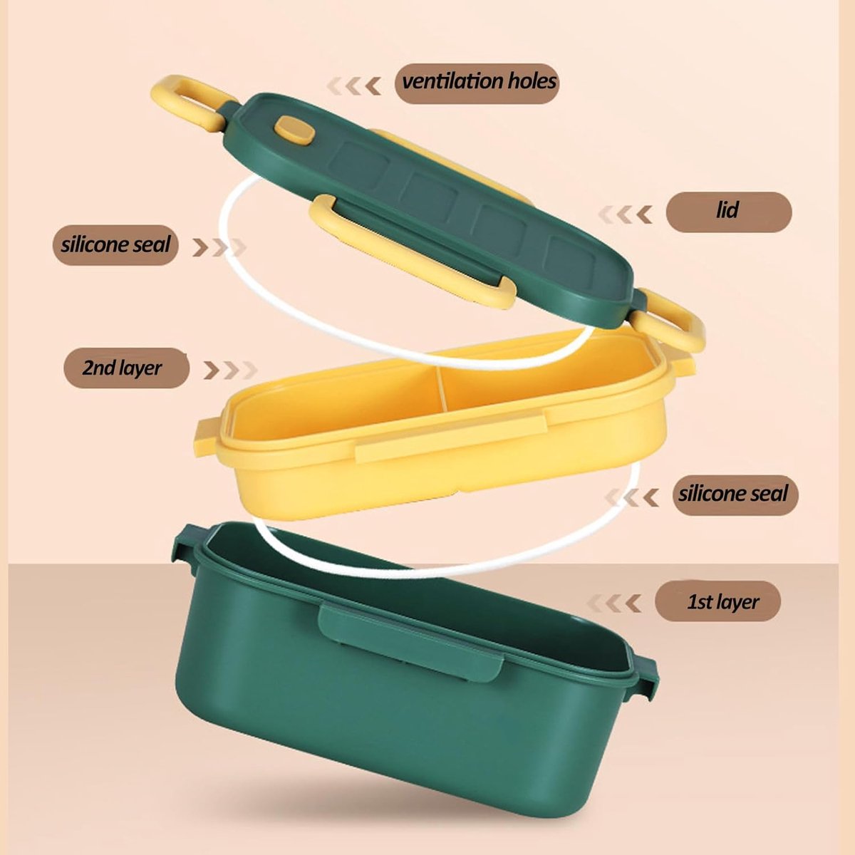 Adult lunch box with compartments, 1000 ml, leakproof, for men and women, double layer, ideal for the office, picnics (green) - Image 2