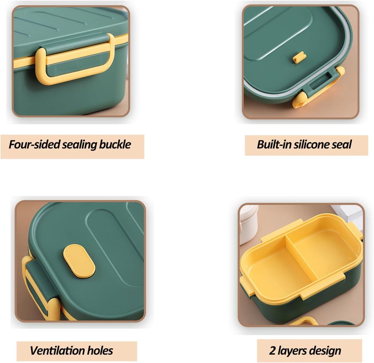 Adult lunch box with compartments, 1000 ml, leakproof, for men and women, double layer, ideal for the office, picnics (green) - Image 6