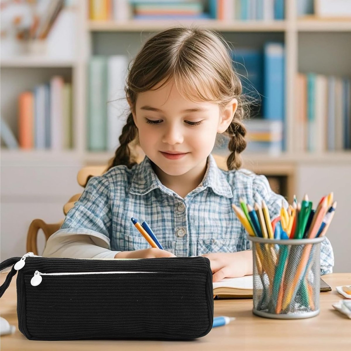 Corduroy Pencil Case - Cute pencil case with a convenient zipper - Makeup bag - Suitable for school-aged teenagers, boys and girls - black - Image 2