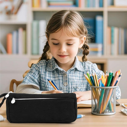 Corduroy Pencil Case - Cute pencil case with a convenient zipper - Makeup bag - Suitable for school-aged teenagers, boys and girls - black - Image 2