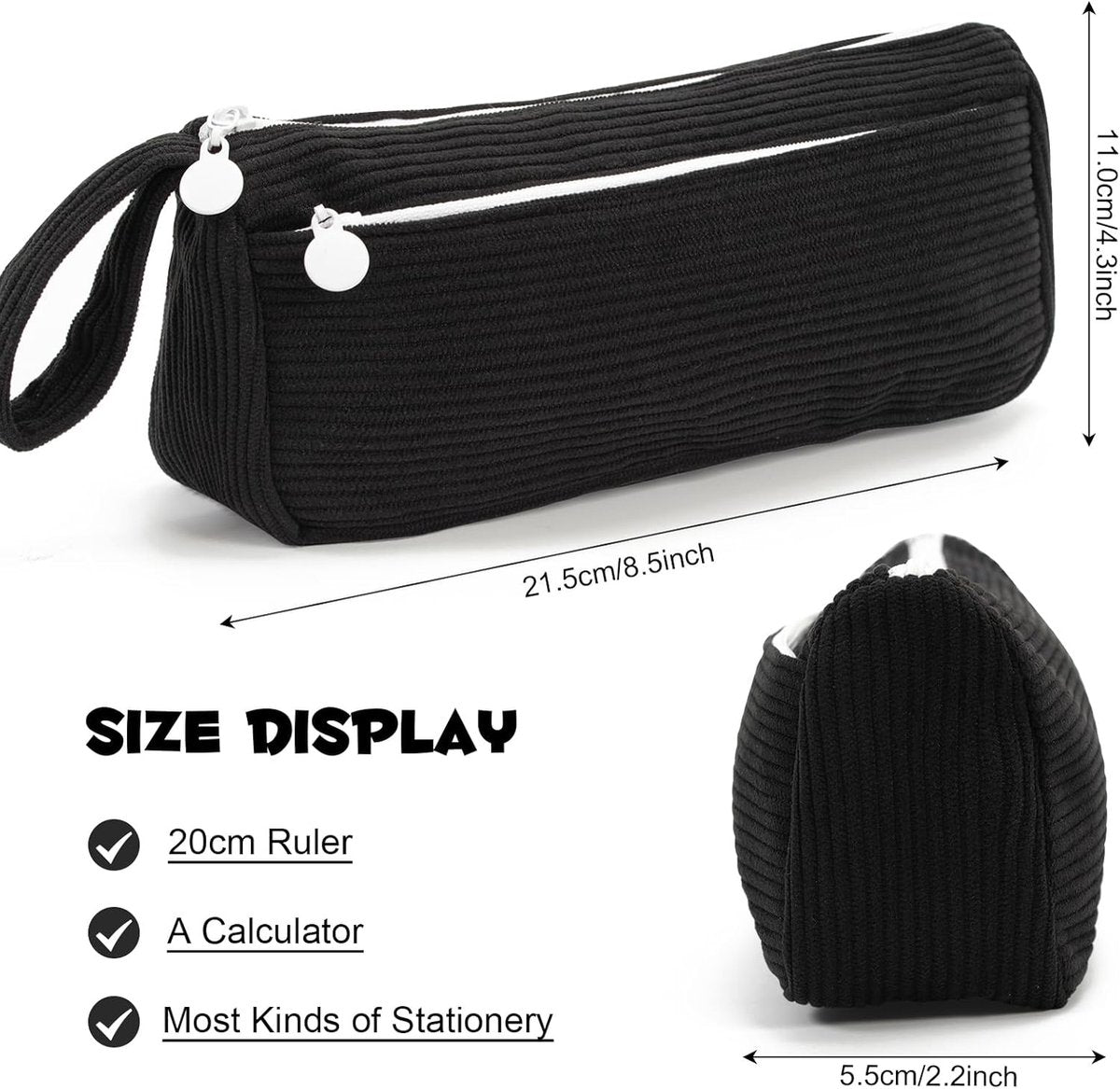 Corduroy Pencil Case - Cute pencil case with a convenient zipper - Makeup bag - Suitable for school-aged teenagers, boys and girls - black - Image 3