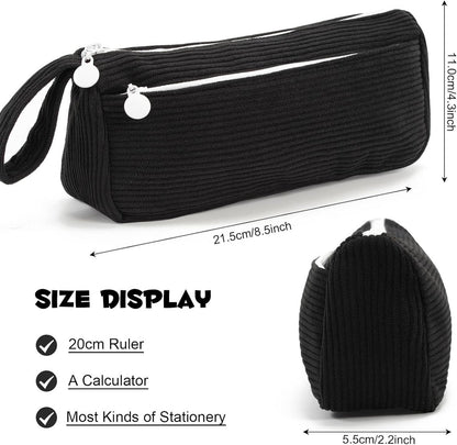 Corduroy Pencil Case - Cute pencil case with a convenient zipper - Makeup bag - Suitable for school-aged teenagers, boys and girls - black - Image 3