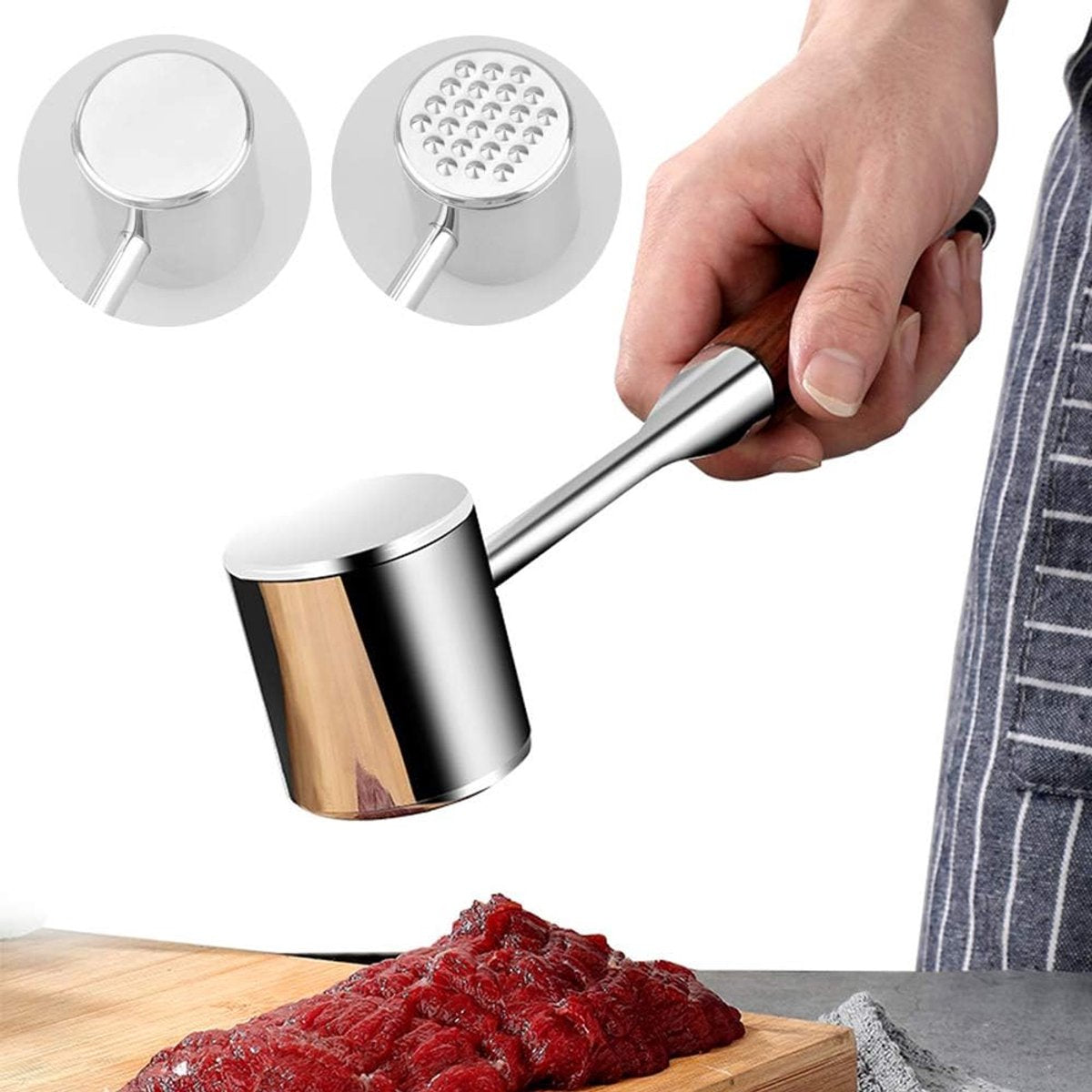 Professional Meat Tenderizer - Meat Mallet - Double-Sided Stainless Steel Meat Tenderizer - Steak Mallet with Non-Slip Wooden Handle - Dishwasher Safe Kitchen Utensil - Image 2