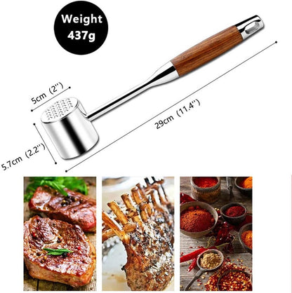 Professional Meat Tenderizer - Meat Mallet - Double-Sided Stainless Steel Meat Tenderizer - Steak Mallet with Non-Slip Wooden Handle - Dishwasher Safe Kitchen Utensil - Image 3