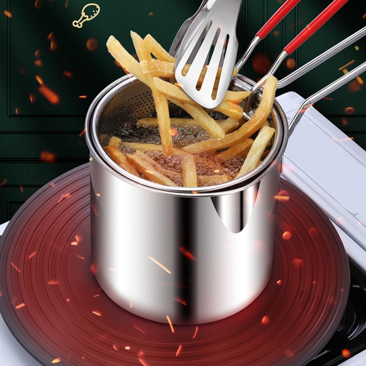 Frying pan - Frying pans - Frying pan set - Stainless steel frying pan with strainer - Portable stainless steel frying pan - Mini shrimp fryer - Small frying basket - Suitable for home cooking - Image 3