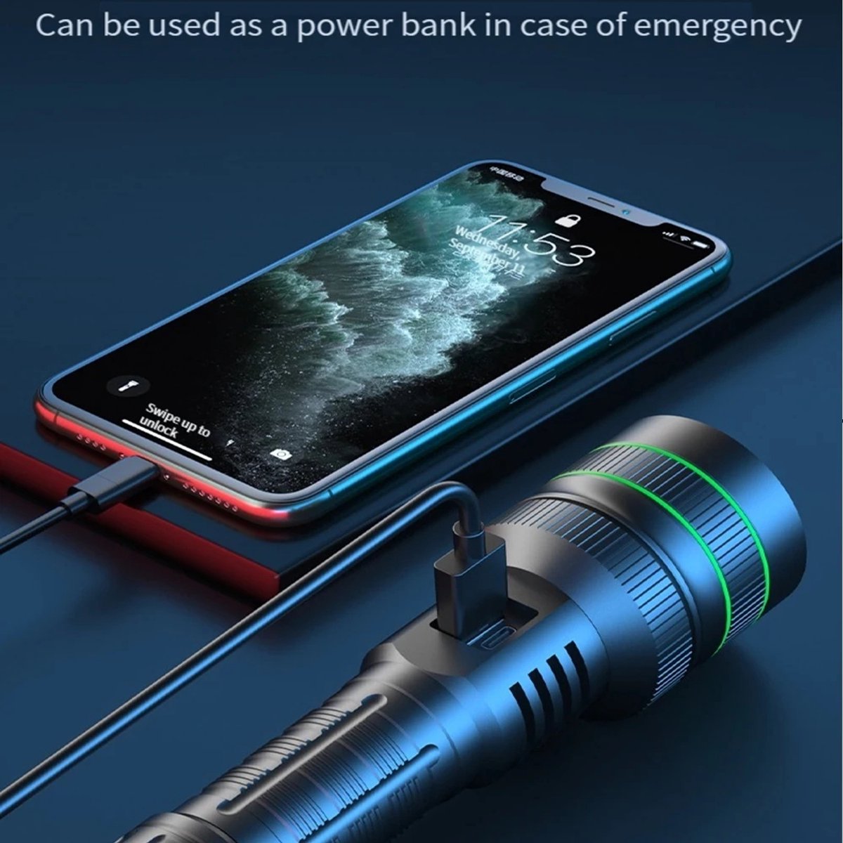 Rechargeable LED Flashlight - Military Flashlight - 5000 lumens - 26650 rechargeable battery - 6 modes - Power bank function - IP67 waterproof - Battery-powered flashlight - Image 3