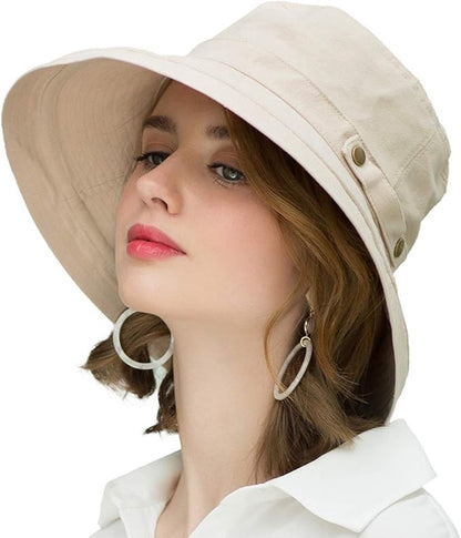 Women's Sun Hat - Katoen Wide Brim - UPF 50+ UV Protection - Foldable Beach Hat - Summer Bucket Hat - Travel Button Closure - Beige - One Size - Image 3
