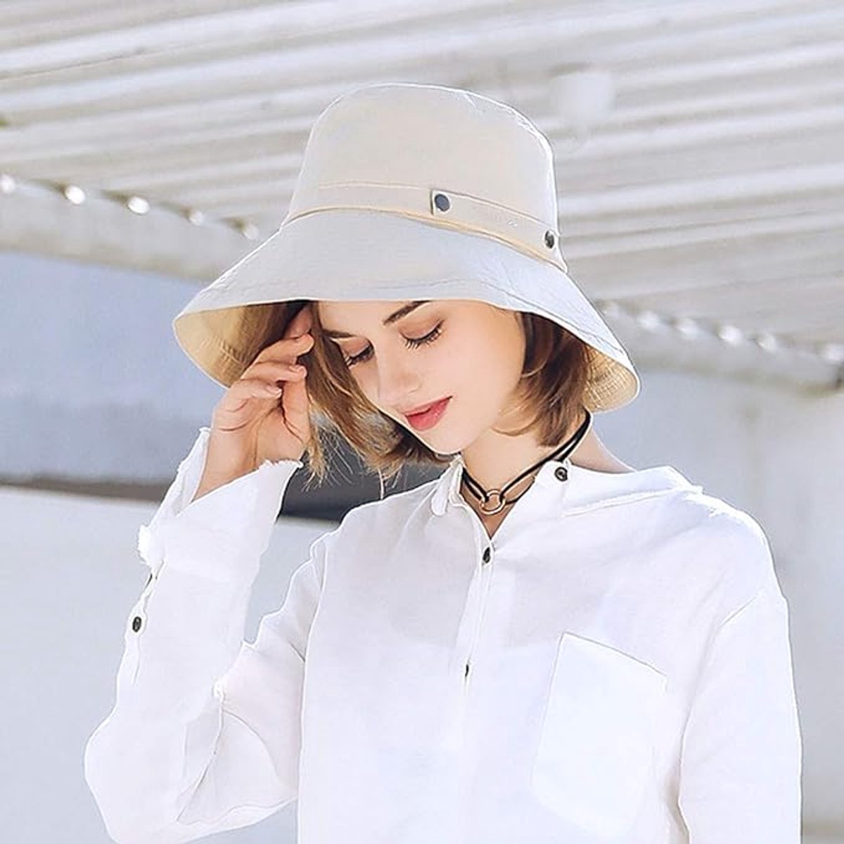 Women's Sun Hat - Katoen Wide Brim - UPF 50+ UV Protection - Foldable Beach Hat - Summer Bucket Hat - Travel Button Closure - Beige - One Size - Image 4