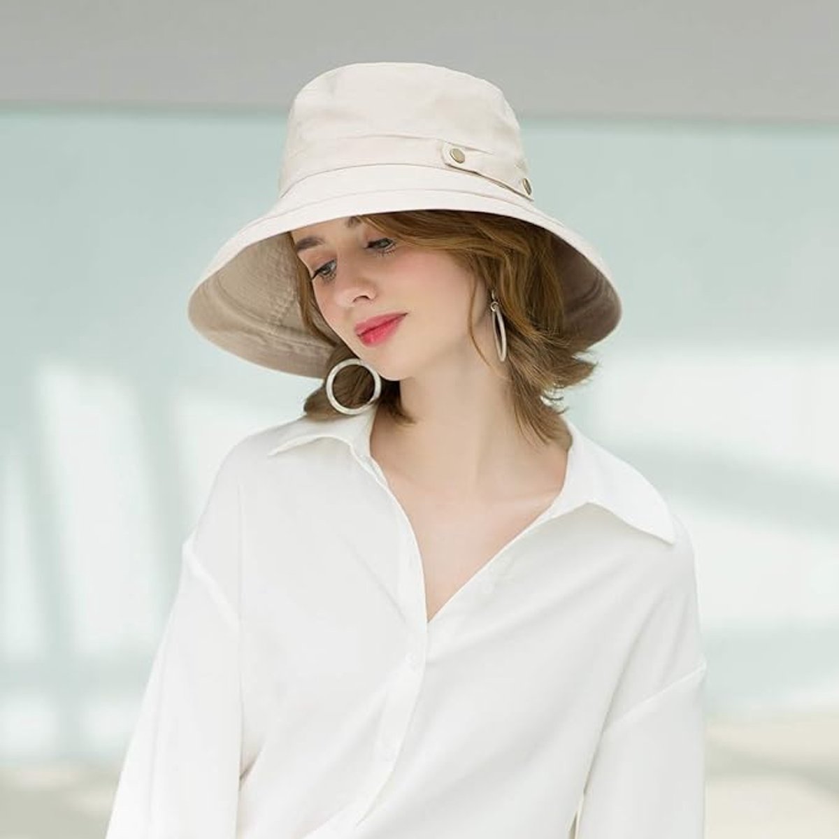 Women's Sun Hat - Katoen Wide Brim - UPF 50+ UV Protection - Foldable Beach Hat - Summer Bucket Hat - Travel Button Closure - Beige - One Size - Image 5