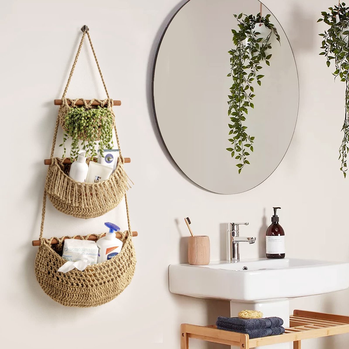 Hanging Fruit Basket - Hanging Storage - 3-Tier Over-the-Door Organizer - Woven Jute Wall Basket - Storage Bags - Over-the-Door Wall Organizer - For Entryway, Wardrobe, Closet, Bathroom, Door - Image 2