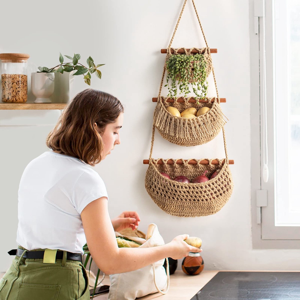 Hanging Fruit Basket - Hanging Storage - 3-Tier Over-the-Door Organizer - Woven Jute Wall Basket - Storage Bags - Over-the-Door Wall Organizer - For Entryway, Wardrobe, Closet, Bathroom, Door - Image 3