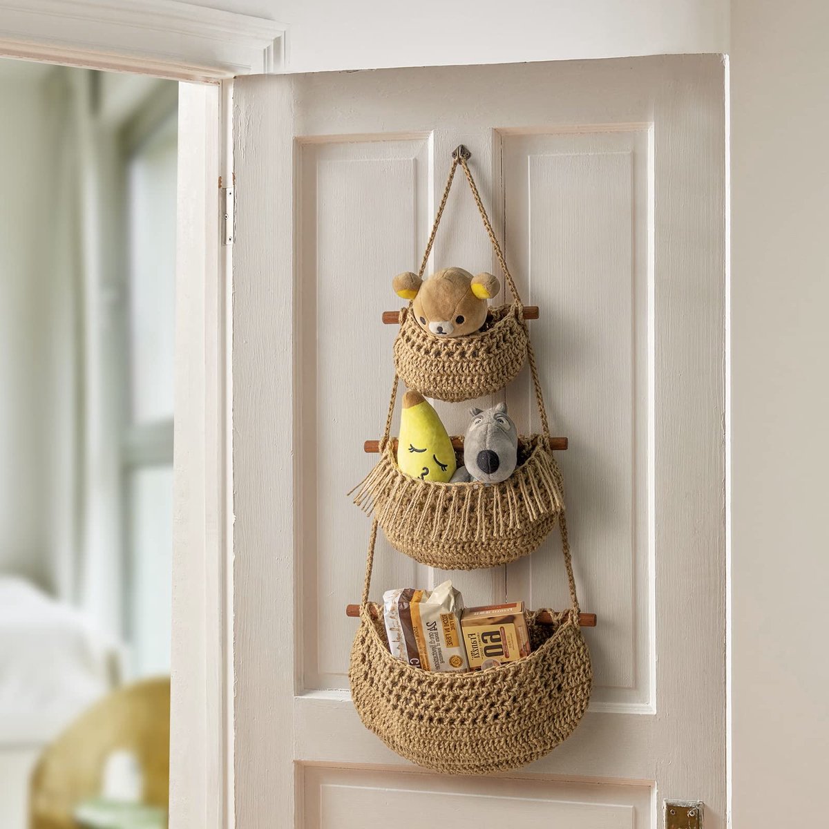 Hanging Fruit Basket - Hanging Storage - 3-Tier Over-the-Door Organizer - Woven Jute Wall Basket - Storage Bags - Over-the-Door Wall Organizer - For Entryway, Wardrobe, Closet, Bathroom, Door - Image 4
