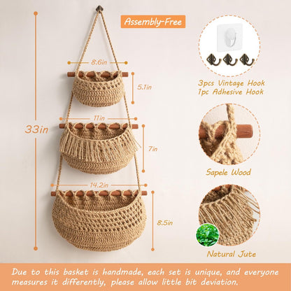 Hanging Fruit Basket - Hanging Storage - 3-Tier Over-the-Door Organizer - Woven Jute Wall Basket - Storage Bags - Over-the-Door Wall Organizer - For Entryway, Wardrobe, Closet, Bathroom, Door - Image 6