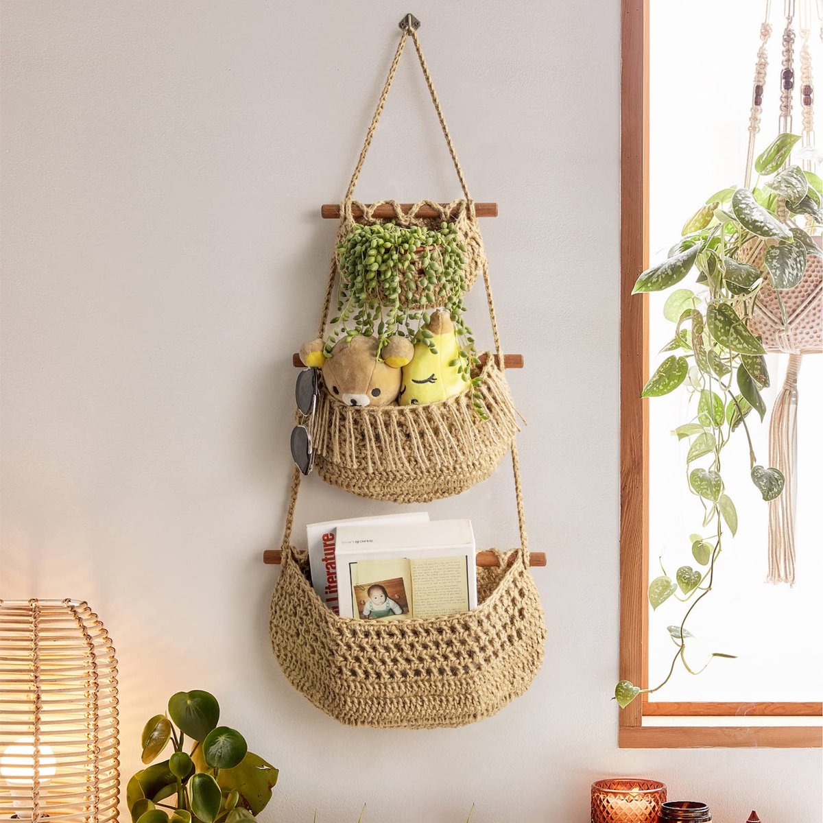 Hanging Fruit Basket - Hanging Storage - 3-Tier Over-the-Door Organizer - Woven Jute Wall Basket - Storage Bags - Over-the-Door Wall Organizer - For Entryway, Wardrobe, Closet, Bathroom, Door - Image 7