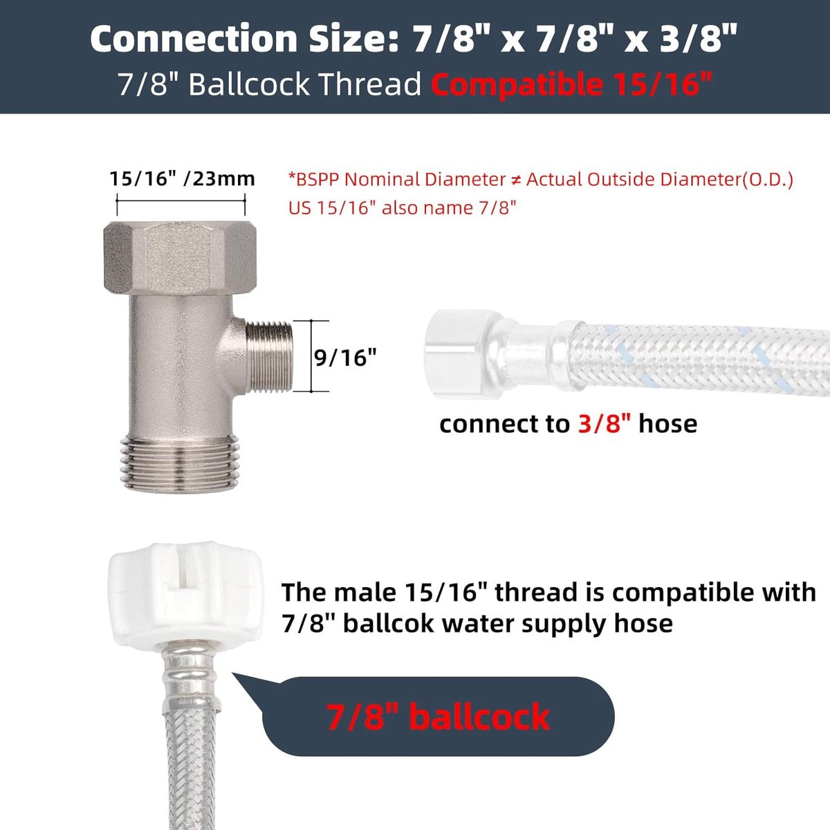 Bidet T-adapter, Metal T-valve for bidet (7/8" x 7/8" x 3/8") or (15/16" x 15/16" x 9/16"), 3-way T-connector for bidet and toilet - Image 2