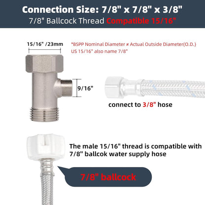 Bidet T-adapter, Metal T-valve for bidet (7/8" x 7/8" x 3/8") or (15/16" x 15/16" x 9/16"), 3-way T-connector for bidet and toilet - Image 2
