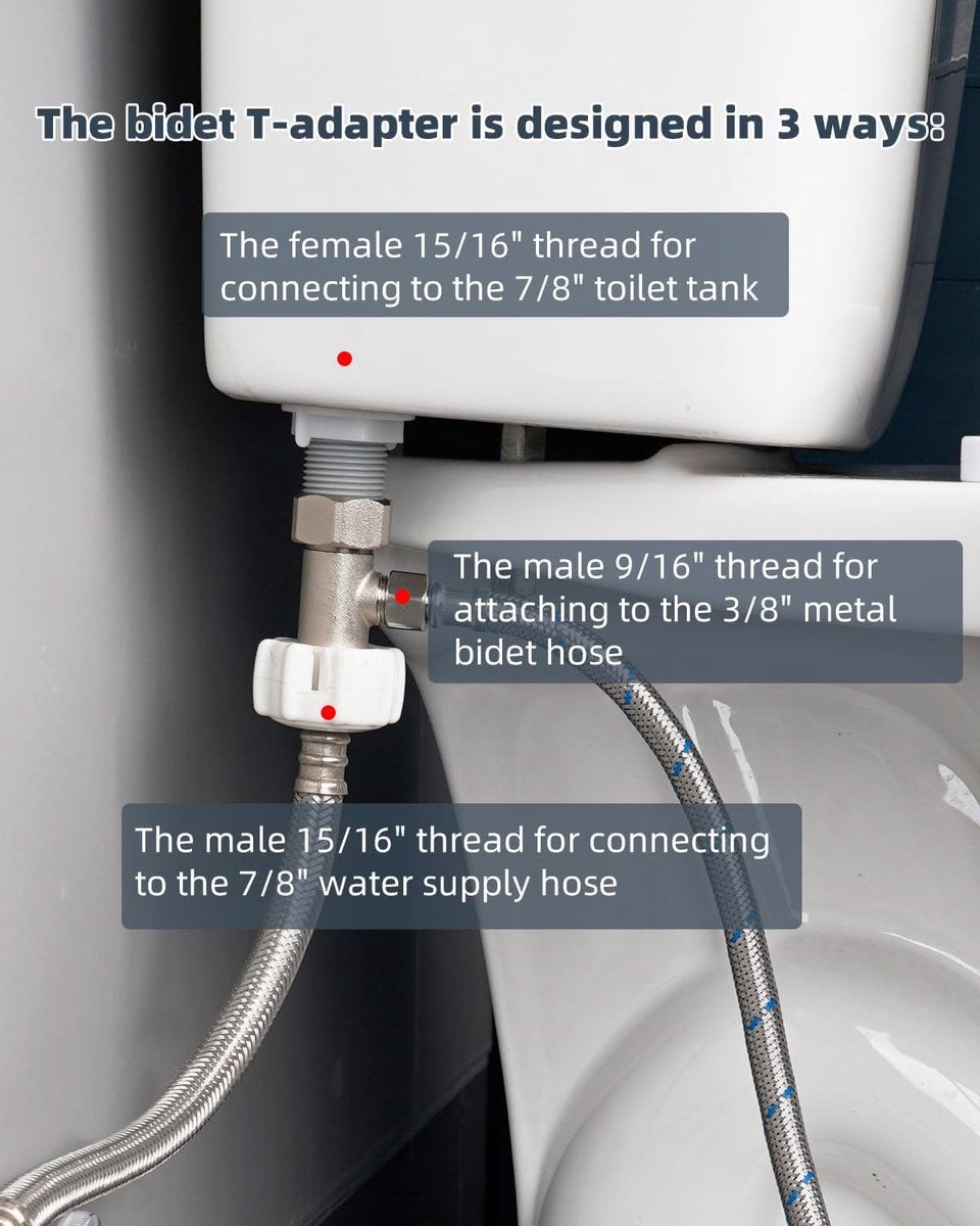 Bidet T-adapter, Metal T-valve for bidet (7/8" x 7/8" x 3/8") or (15/16" x 15/16" x 9/16"), 3-way T-connector for bidet and toilet - Image 5