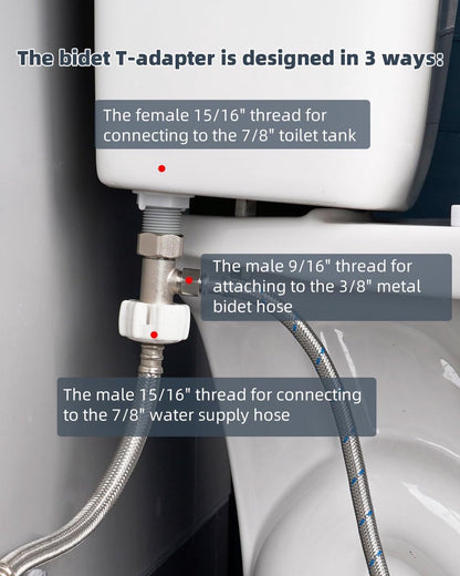 Bidet T-adapter, Metal T-valve for bidet (7/8" x 7/8" x 3/8") or (15/16" x 15/16" x 9/16"), 3-way T-connector for bidet and toilet - Image 5