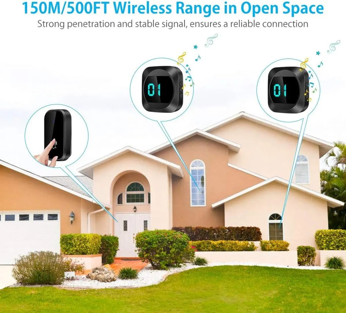 Wireless doorbell with LED, temperature display, waterproof electronic doorbell kit, with 2 plug-in receivers, 150m range, 4 volume levels, 38 melodies - Image 5