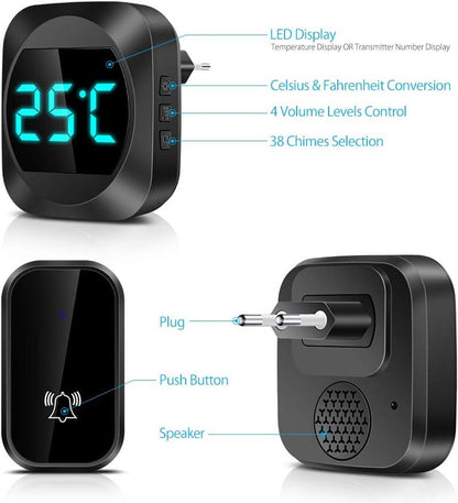 Wireless doorbell with LED, temperature display, waterproof electronic doorbell kit, with 2 plug-in receivers, 150m range, 4 volume levels, 38 melodies - Image 6