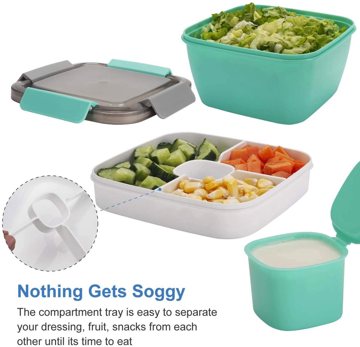 Lunch box - Compartmentalized lunch box - Bento box - Salad lunch box - Salad bowl lunch box - Fruit box for school, work, picnics and travel - 1500 ml 17.4 x 17.4 x 9.6 cm - Vegetables - Image 3