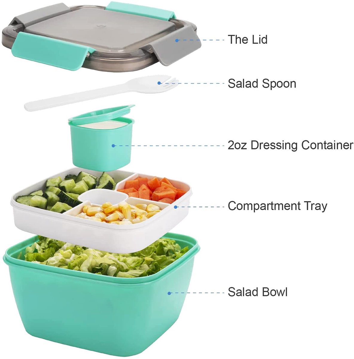 Lunch box - Compartmentalized lunch box - Bento box - Salad lunch box - Salad bowl lunch box - Fruit box for school, work, picnics and travel - 1500 ml 17.4 x 17.4 x 9.6 cm - Vegetables - Image 4