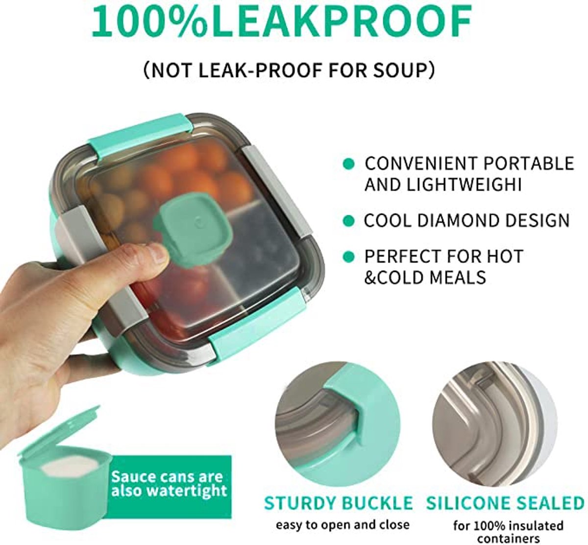 Lunch box - Compartmentalized lunch box - Bento box - Salad lunch box - Salad bowl lunch box - Fruit box for school, work, picnics and travel - 1500 ml 17.4 x 17.4 x 9.6 cm - Vegetables - Image 6