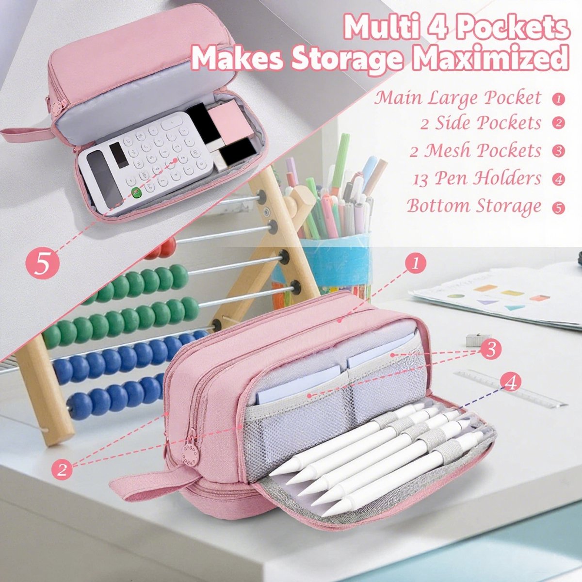 Pencil Case - Pencil Case - Pencil Case for Boys and Girls - Multifunctional Compartment Pencil Case - School Supplies - 22x11x9.5cm - Pink - Image 4