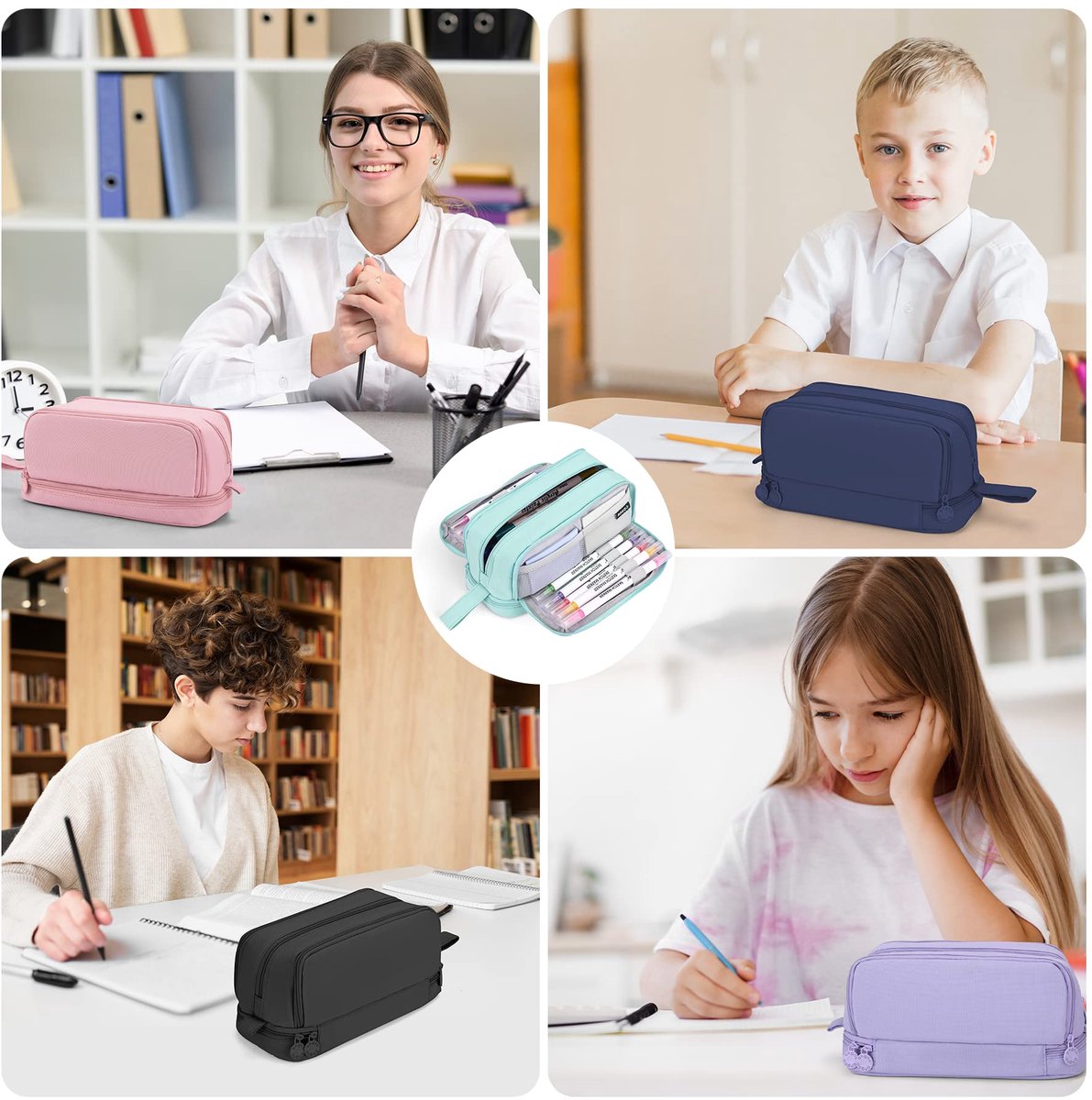Pencil case - Pencil case - Pencil case for boys and girls - Multifunctional pencil case with compartments - School supplies - 22x11x9.5cm - Black - Image 7