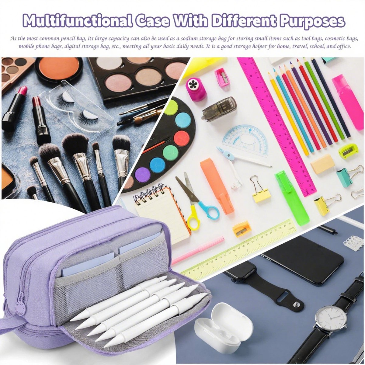 Pencil Case - Pencil Case - Pencil Case for Boys and Girls - Multifunctional Compartment Pencil Case - School Supplies - 22x11x9.5cm - Purple - Image 4