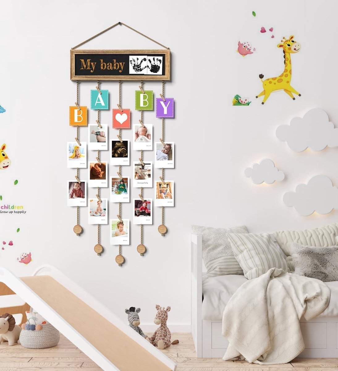 Photo album - Wall-mounted photo holder - Photo frame with display board and 30 photo clips - Wooden photo frame - Photo hanger with wall clip - Photo hanger for displaying memories - Image 5