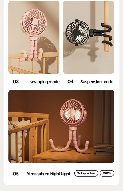 Handheld Fan - Rechargeable Portable Fan - Black - Cordless Handheld Table Fan - Mini Stroller Fan - 3 Modes - Mini Fan - Festival Fan - Octopus Fan - Image 2