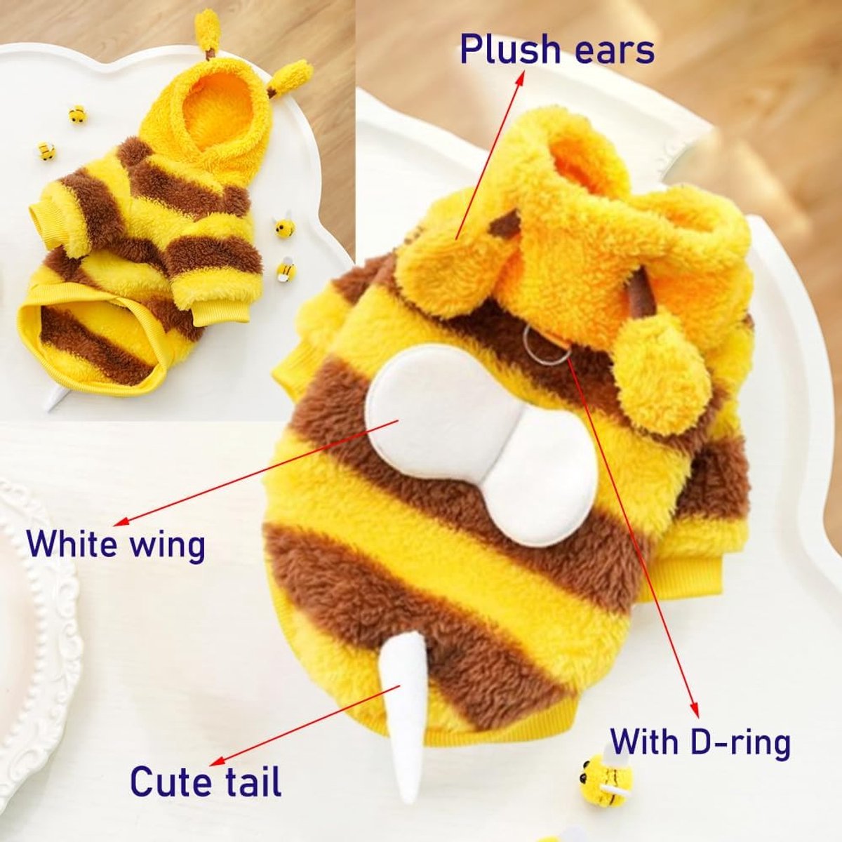 Dog Coat - Fleece Hoodie - Autumn and Winter Dog Clothes - Bumblebee Dog Costume - Cold Weather Coat - Fun Bee Dog Costume - Perfect for Christmas and Halloween - Yellow - Medium M - Image 4