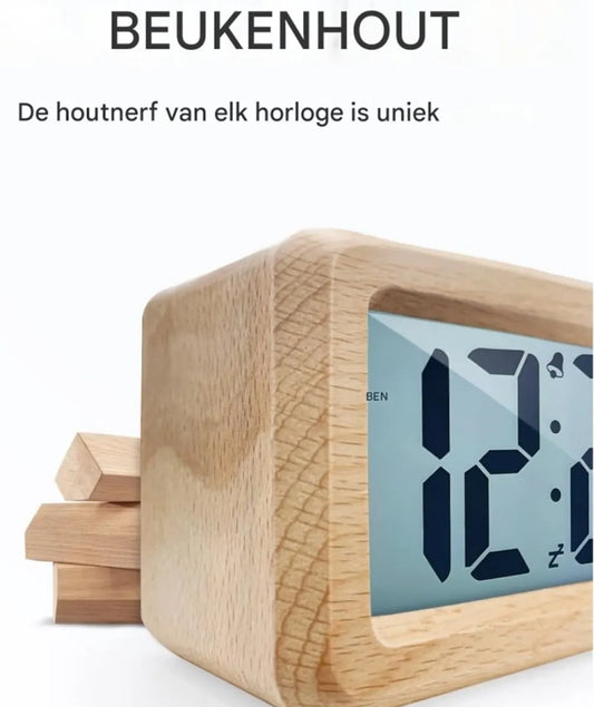 Wekker digital alarm clock, wooden, with sensor module, large screen, desk clock, date and temperature display, night light, digital clock with snooze module (batteries not included) - Image 3