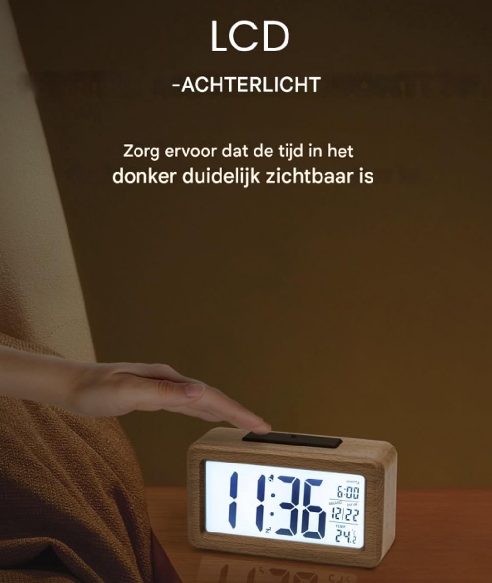 Wekker digital alarm clock, wooden, with sensor module, large screen, desk clock, date and temperature display, night light, digital clock with snooze module (batteries not included) - Image 4