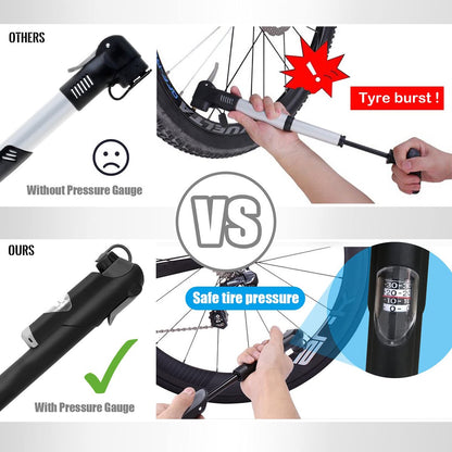 Hand pump - Bicycle pump with pressure gauge - Mini portable bicycle pump - Mini bicycle pump for all bicycles - Balloon pump with needle - Glue-free repair kit - Suitable for Presta and Schrader valves - Black - Image 2