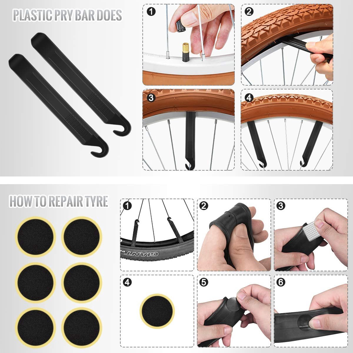Hand pump - Bicycle pump with pressure gauge - Mini portable bicycle pump - Mini bicycle pump for all bicycles - Balloon pump with needle - Glue-free repair kit - Suitable for Presta and Schrader valves - Black - Image 7