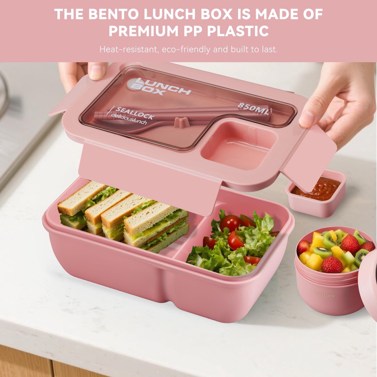 Bento Box - Bento Set with Cutlery - Lunch Bag - Lunch Box - Leakproof Food Container with Compartments - Lunch Box for Kids, School, Office, Picnic - Pink - Image 3