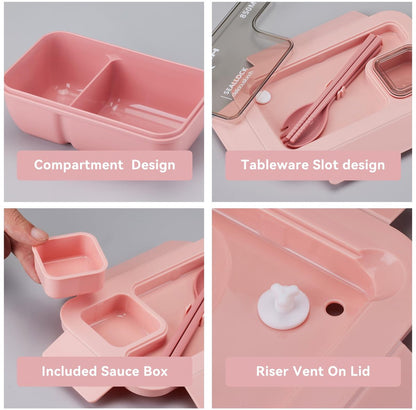 Bento Box - Bento Set with Cutlery - Lunch Bag - Lunch Box - Leakproof Food Container with Compartments - Lunch Box for Kids, School, Office, Picnic - Pink - Image 6