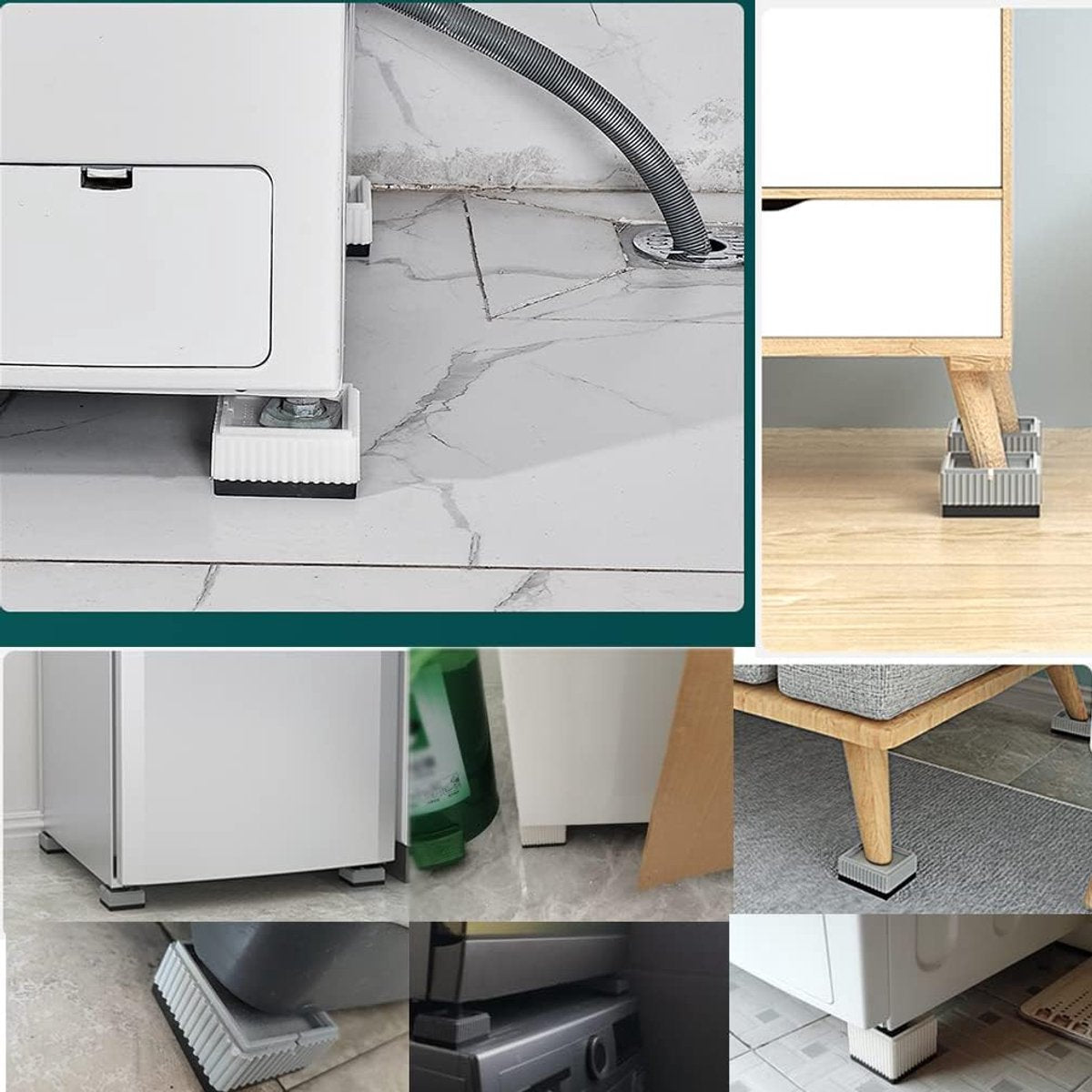 Universal anti-vibration feet - 4x square furniture risers - Stackable table feet for washing machine, non-slip stabilizers for washing machines and furniture (3.3 cm (1.3 inch), White) - Image 4