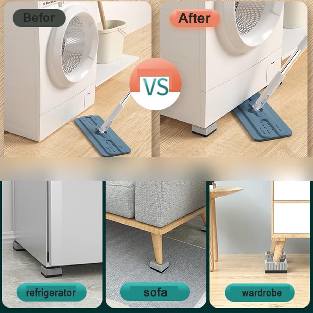 Universal anti-vibration feet - 4x square furniture risers - Stackable table feet for washing machine, non-slip stabilizers for washing machines and furniture (3.3 cm (1.3 inch), White) - Image 6