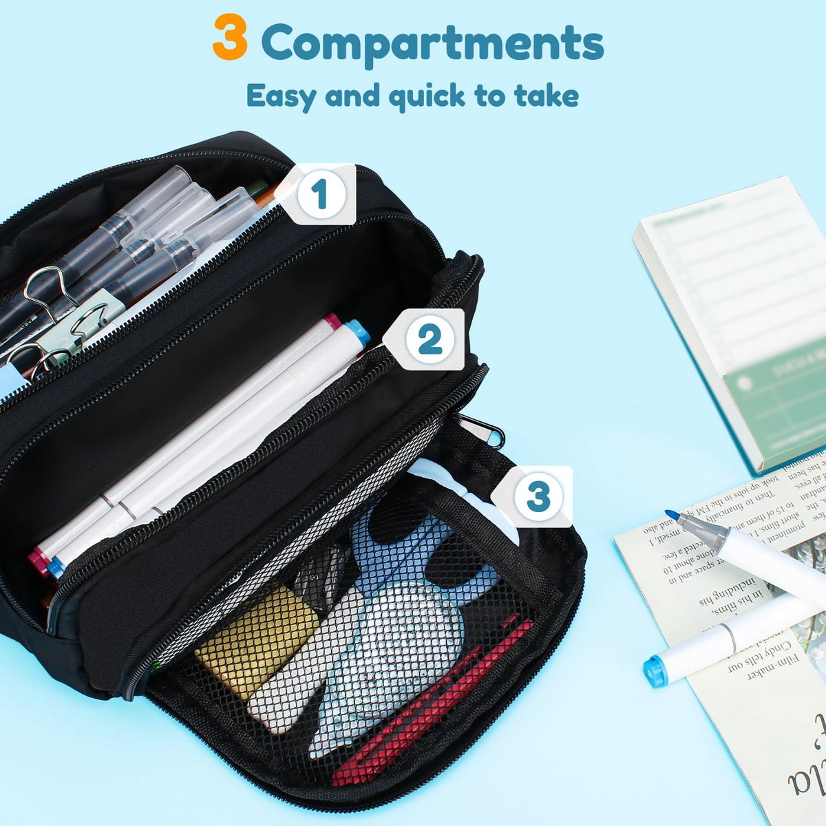 Large black pencil case with 3 compartments for school and office - Image 5