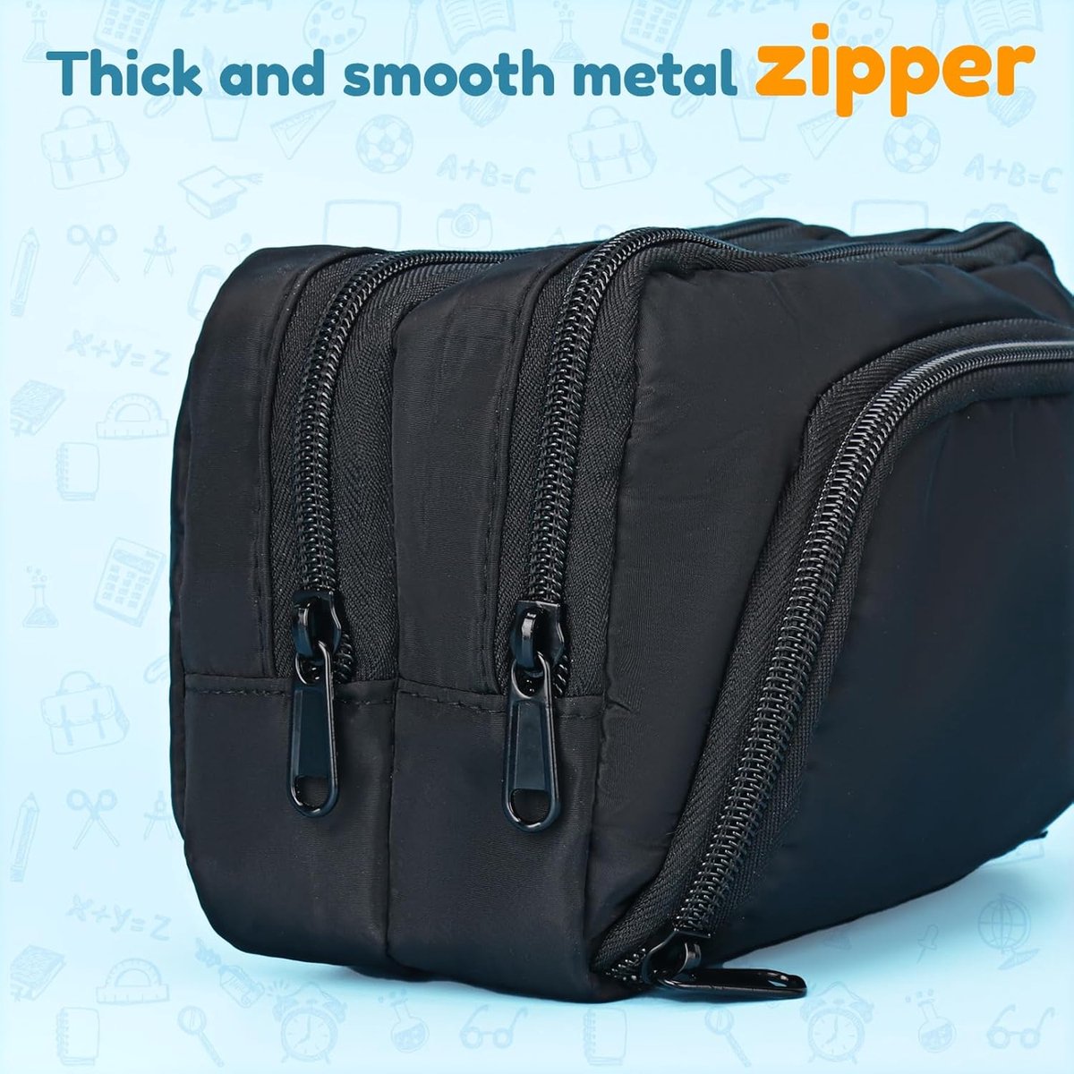 Large black pencil case with 3 compartments for school and office - Image 6