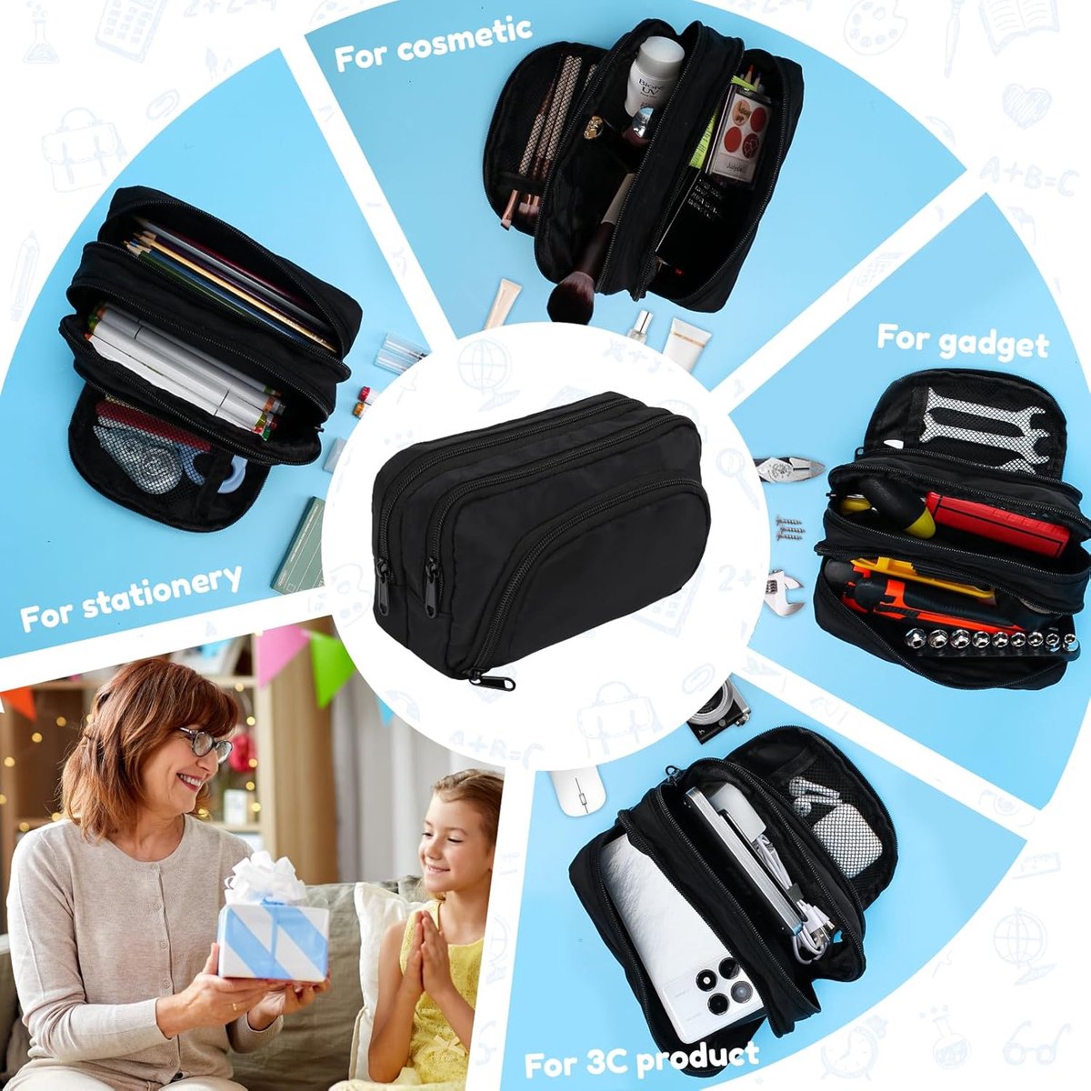 Large black pencil case with 3 compartments for school and office - Image 7