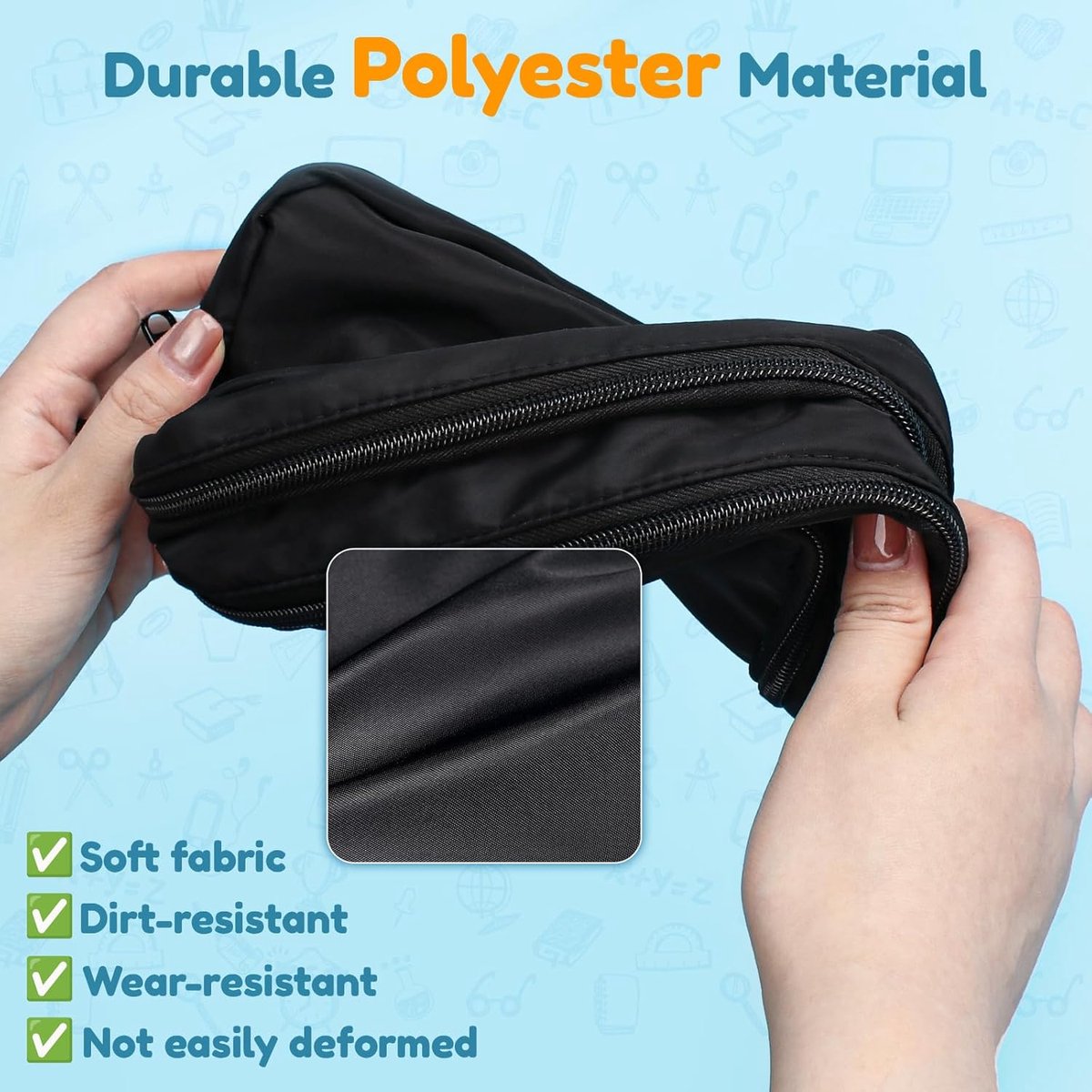 Large black pencil case with 3 compartments for school and office - Image 8