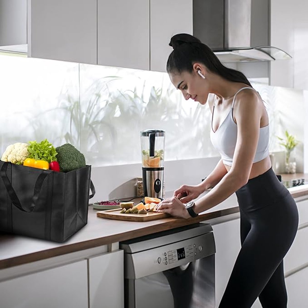 Shopping bag, tote bag, foldable shopping bag, set of 2, black, extra large tote bag with handles, 38 x 32 x 25 cm, shopping bag with long handles, perfect as a tote bag, fabric bag, women's shopping bag - Image 4