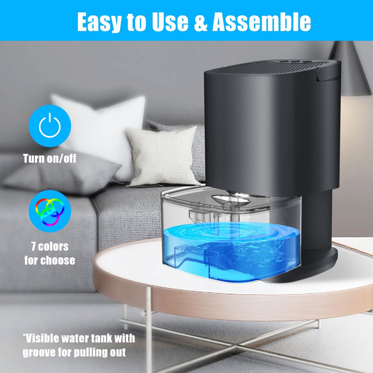 Ultra-quiet smart air dehumidifier - 1L capacity - Dehumidifier for bedroom, bathroom, basement, house - 2 in 1 - Small - Quiet - Black - Image 2
