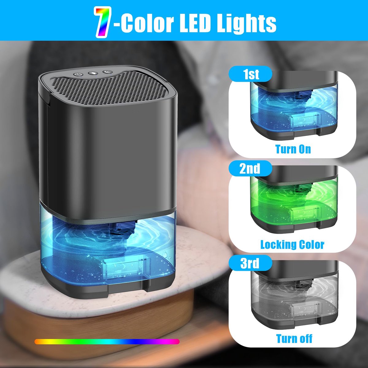 Ultra-quiet smart air dehumidifier - 1L capacity - Dehumidifier for bedroom, bathroom, basement, house - 2 in 1 - Small - Quiet - Black - Image 5